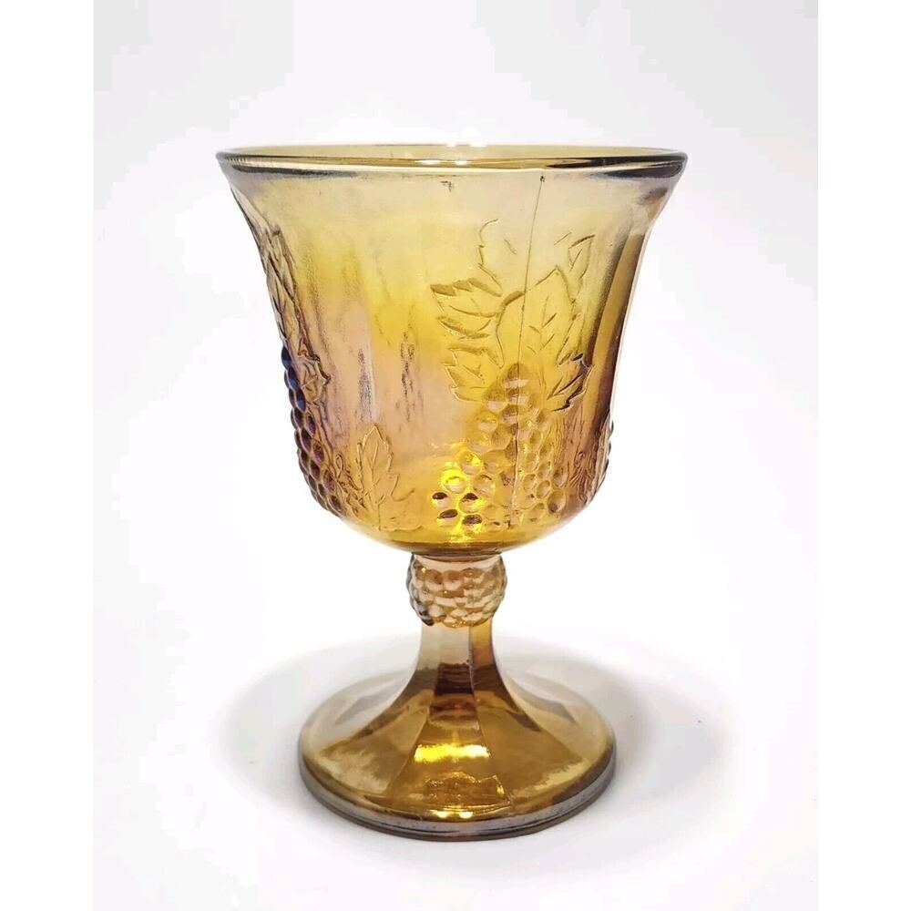 Vintage Gold 1970s Indiana Carnival Glass Goblet Harvest Grape Amber 5.25" - Picture 1 of 5